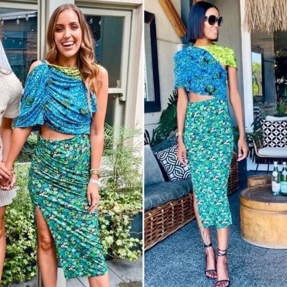 Zara Floral Midi Dress Stretch Asymmetrical Blue Green Print Blogger Fave SizeXS - Picture 3 of 16